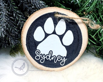 Personalized Pet Name Pawprint Ornament | hand painted wood slice ornament,  Christmas tree ornament, custom pet ornament, pet name holiday