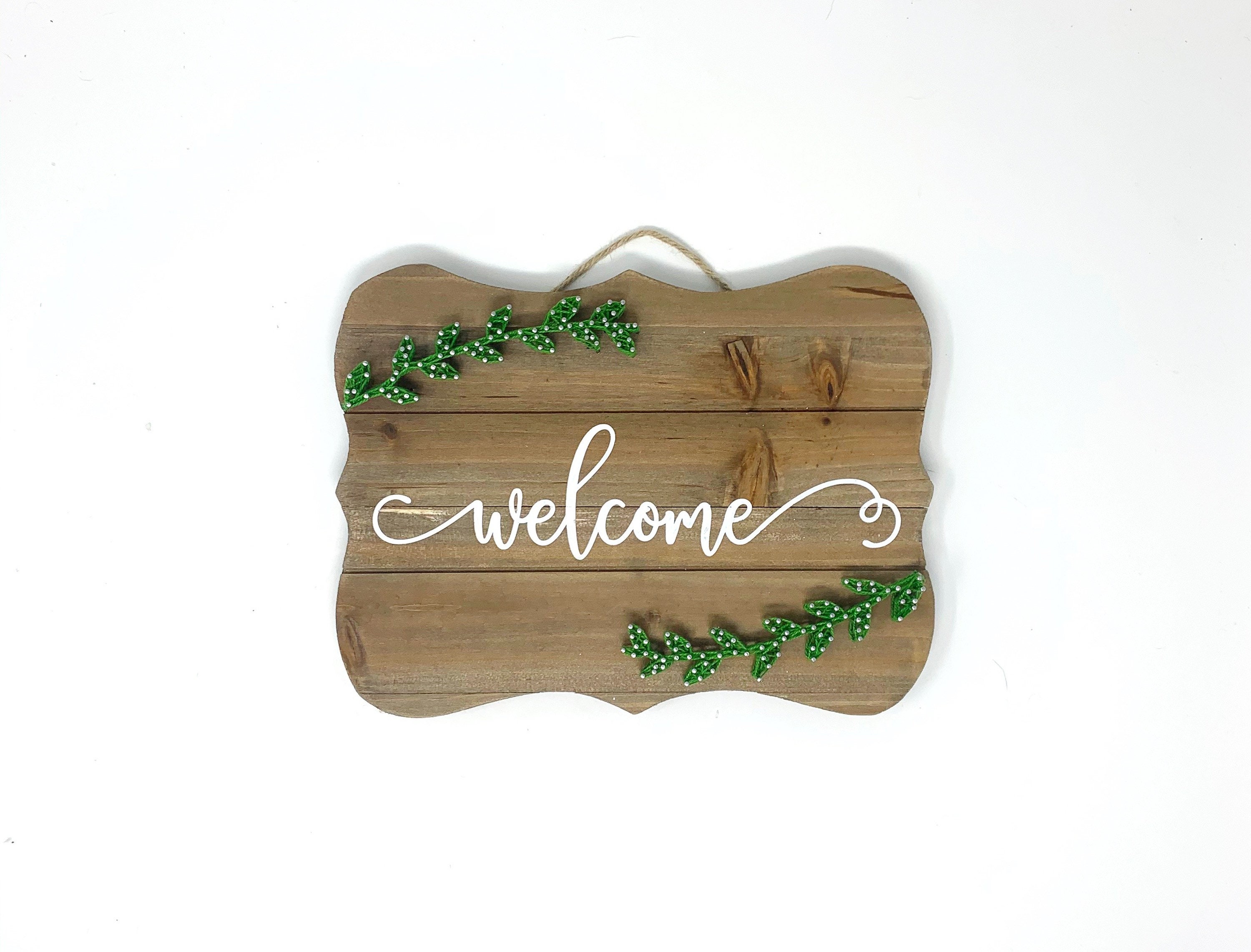 Welcome Sign With Laurel String Art | Wood Plaque Sign, Rustic Door ...