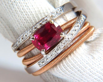 GIA Certificado 1.86CT Natural Red Ruby Diamantes Crossover Band Ring 18KT Sin Calor