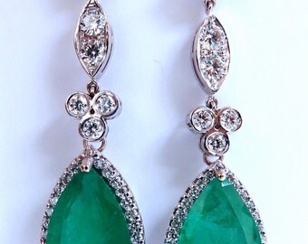 GIA Certified 12.75ct Natural Emeralds Diamond Dangle Earrings 14kt Gold