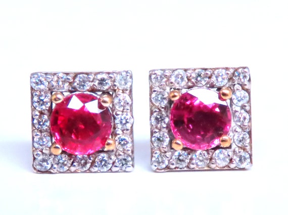 Petite Natural Ruby Diamond Cluster Stud Earrings… - image 1