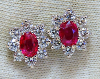 GIA Certified 4.05ct Natural No Heat Ruby Diamond Cluster Earrings 14kt Unheated