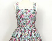 Duck Egg Floral Print Vintage Style Dress with Pleat Detail