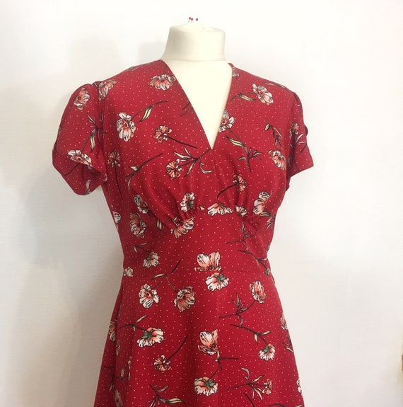 red floral tea dress