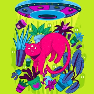 May include: A pink cat with three eyes floats in the air surrounded by plants and a flying saucer. The cat is wearing a blue bandana. The plants are in pots and include a cactus, a fern, and a leafy plant. The flying saucer is blue and has a purple interior.