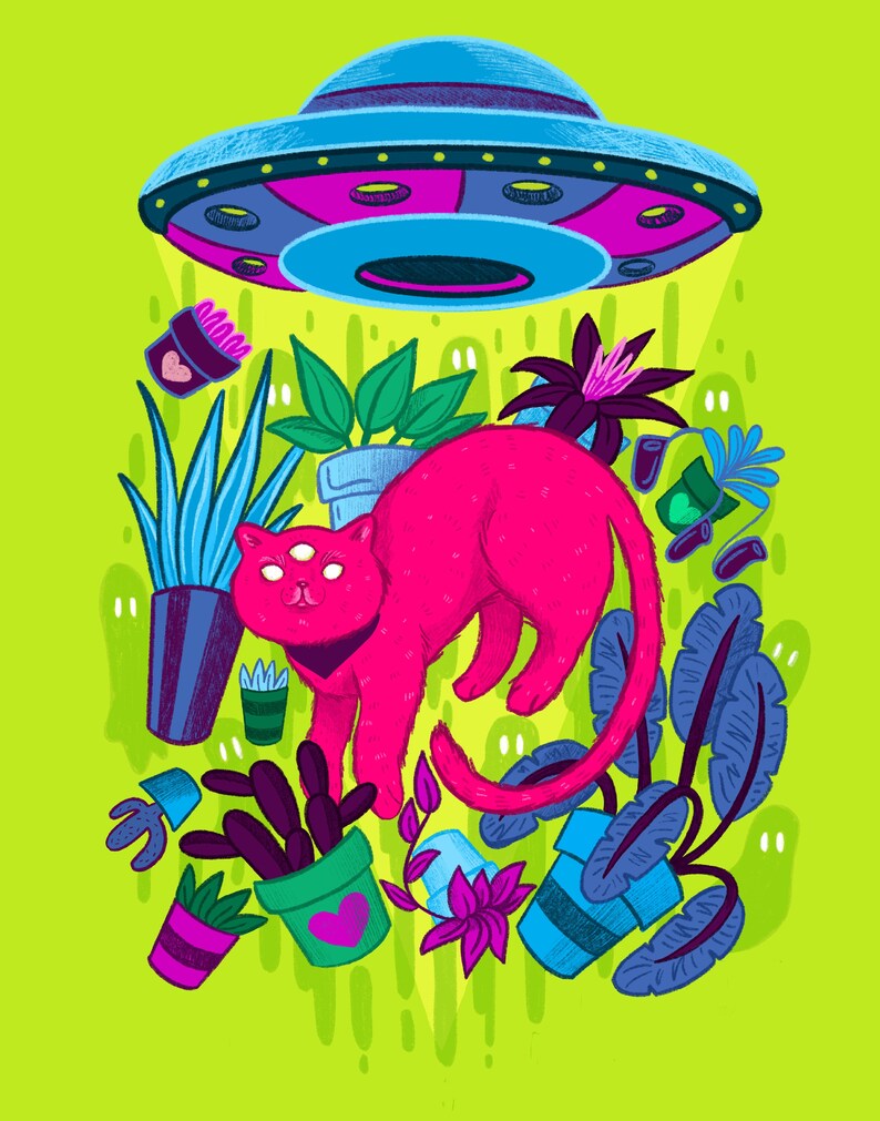 May include: A pink cat with three eyes floats in the air surrounded by plants and a flying saucer. The cat is wearing a blue bandana. The plants are in pots and include a cactus, a fern, and a leafy plant. The flying saucer is blue and has a purple interior.