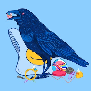 May include: A blue raven with a marble in its beak stands on a white background with a yellow smiley face. The raven is surrounded by various objects, including a ring, a screw, a button, a marble, a nut, and paper clips.