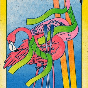 Carte postale de ski de flamant rose