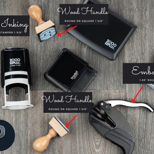 May include: Assortment of self-inking, wood handle, and embosser stamps. The stamps are black and white with the text "2000 PLUS." and "trodat". The stamps are on a wood grain surface.