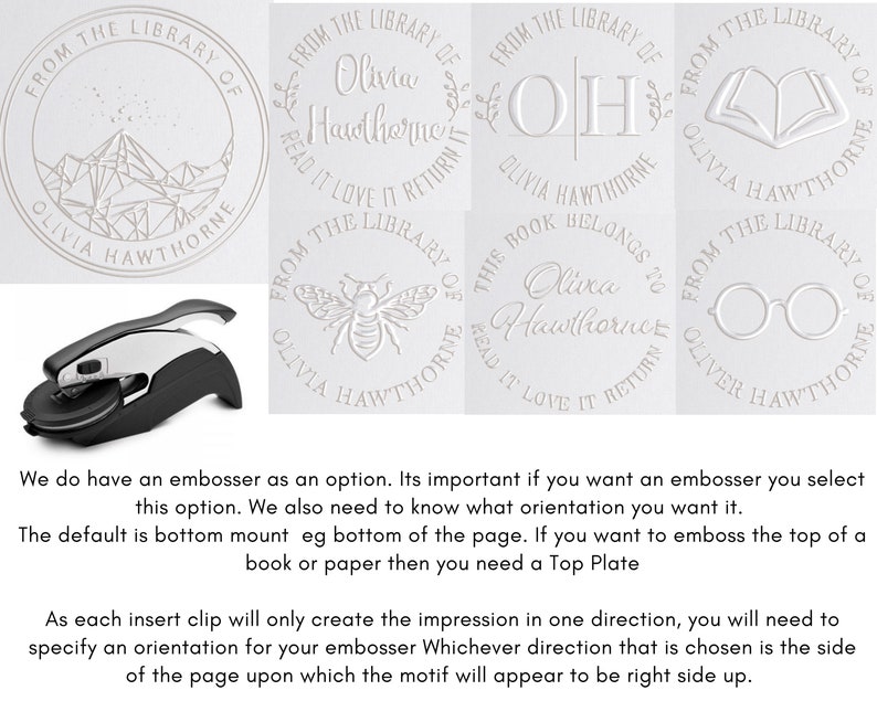 May include: A set of six white rubber stamps with different designs. The stamps feature a mountain range, a bee, a monogram, a book, glasses, and the text "From the Library of Olivia Hawthorne".