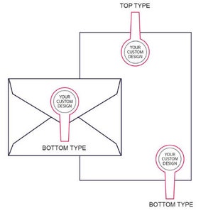 May include: Illustration of stationery items: an envelope and a sheet of paper. Each has a circular design with the text "YOUR CUSTOM DESIGN." The words "TOP TYPE" and "BOTTOM TYPE" are also visible, indicating design options.