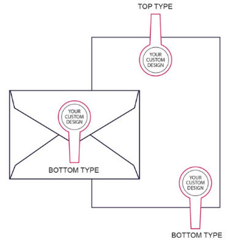 May include: Illustration of stationery items: an envelope and a sheet of paper. Each has a circular design with the text "YOUR CUSTOM DESIGN." The words "TOP TYPE" and "BOTTOM TYPE" are also visible, indicating design options.