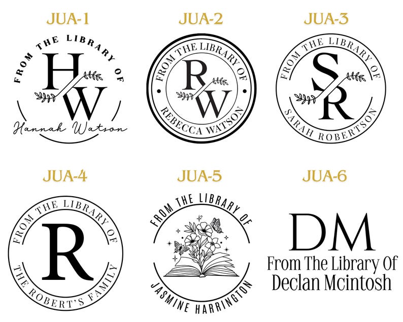 May include: A collection of six personalized library stamps with black ink. Each stamp features a circular design with the text "From The Library Of" and a name or initials. Some stamps include floral or botanical elements.