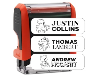 May include: Red and black self-inking stamp with three white labels. The labels have black line drawings of a dinosaur in a mug, a unicorn playing a guitar, and a dog riding a bike. The labels also have the names "JUSTIN COLLINS", "THOMAS LAMBERT", and "ANDREW MCCARTY".