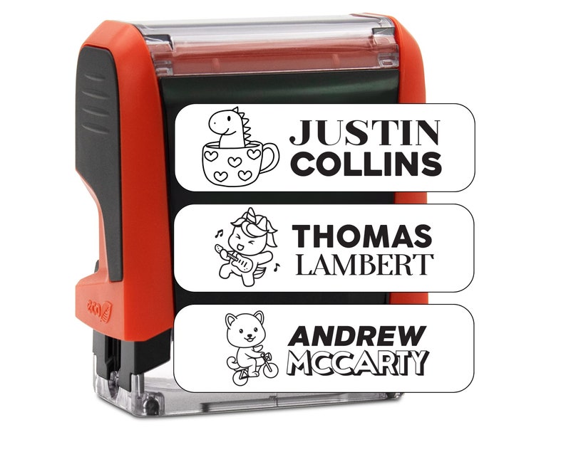 May include: Red and black self-inking stamp with three white labels. The labels have black line drawings of a dinosaur in a mug, a unicorn playing a guitar, and a dog riding a bike. The labels also have the names "JUSTIN COLLINS", "THOMAS LAMBERT", and "ANDREW MCCARTY".