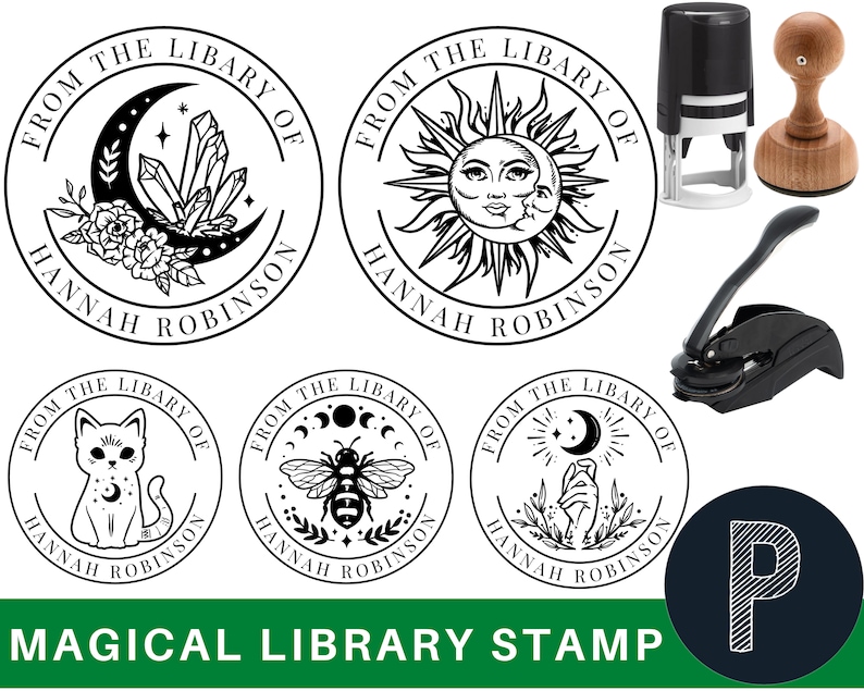 May include: A set of five black and white round rubber stamps with different magical designs. The stamps are for a library and feature the text "From the Library of Hannah Robinson". The stamps are shown with a black self-inking stamper.