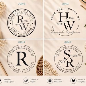 May include: Four circular black ink stamp designs for books. JUA-2 shows initials RW with Rebecca Watson. JUA-1 shows HW with Hannah Watson. JUA-4 shows R with The Robert's Family. JUA-3 shows SR with Sarah Robertson. All feature From The Library Of text.