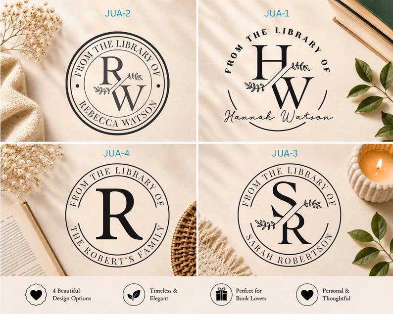 May include: Four circular black ink stamp designs for books. JUA-2 shows initials RW with Rebecca Watson. JUA-1 shows HW with Hannah Watson. JUA-4 shows R with The Robert's Family. JUA-3 shows SR with Sarah Robertson. All feature From The Library Of text.