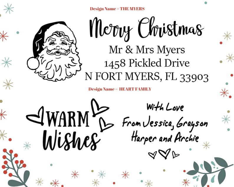 Stamp your Christmas Cards with a personalized Return Mail Rubber Stamper. Designs with Santa, Snowman, Mistletoe and more Happy Holidays image 2