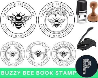 BEE BUZZY BEE Floral Wreath Library of Stamp or Embosser, Custom Library  Stamp, Personalized Book Stamp, This Book Belongs to Ex Libris 