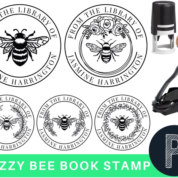 BEE BUZZY BEE Floral Wreath Library of Stamp or Embosser, Custom Library Stamp, Personalized Book Stamp, This Book Belongs To Ex Libris