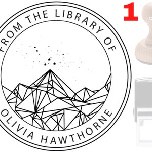 May include: Black and white illustration of a mountain range with stars in the sky. The text "From the Library of Olivia Hawthorne" is in a circle around the image. The image is a rubber stamp.
