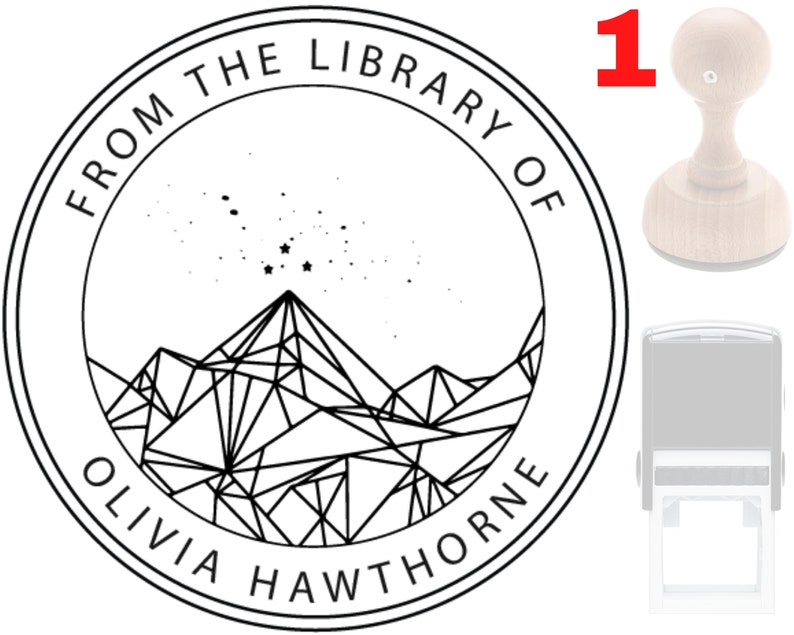 May include: Black and white illustration of a mountain range with stars in the sky. The text "From the Library of Olivia Hawthorne" is in a circle around the image. The image is a rubber stamp.