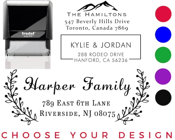 Customized Stamp Black Red Blue Purple Green Ink Address Stamp 20 Designs to Choose! Personalized Wedding Invitation Stamp Self-Inking Return Address Mail 3 Lines Custom Address Stamper