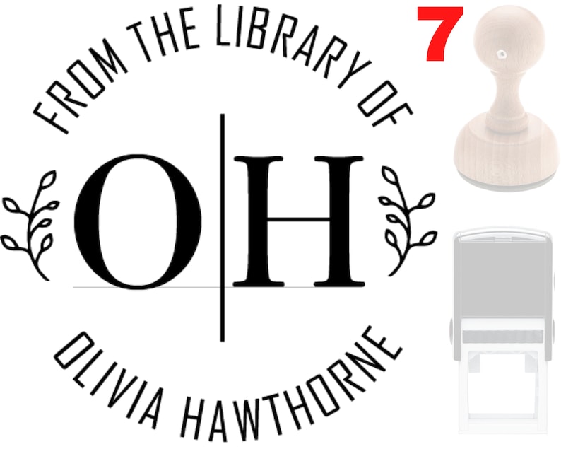May include: Black and white custom self-inking stamp with the text "From the Library of Olivia Hawthorne" and the initials "OH" with a floral design. The stamp is mounted on a wooden handle.