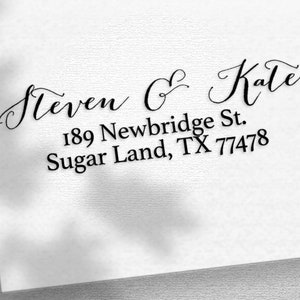 May include: A black and white return address stamp with the text "Steven & Kate" and the address "189 Newbridge St. Sugar Land, TX 77478".