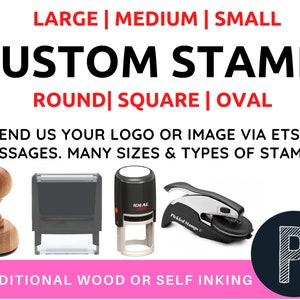May include: Custom round, square, or oval stamps in various sizes. Choose from traditional wood or self-inking options. Send your logo or image via Etsy messages.  "LARGE | MEDIUM | SMALL CUSTOM STAMP ROUND | SQUARE | OVAL SEND US YOUR LOGO OR IMAGE VIA ETSY MESSAGES. MANY SIZES & TYPES OF STAMPS TRADITIONAL WOOD OR SELF INKING"