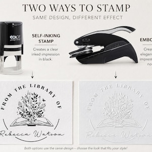 May include: A black self-inking stamp and a black embosser tool. The stamp creates a black ink impression of an open book with flowers and the text 'FROM THE LIBRARY OF Rebecca Watson'. The embosser creates a raised, inkless version of the same design.