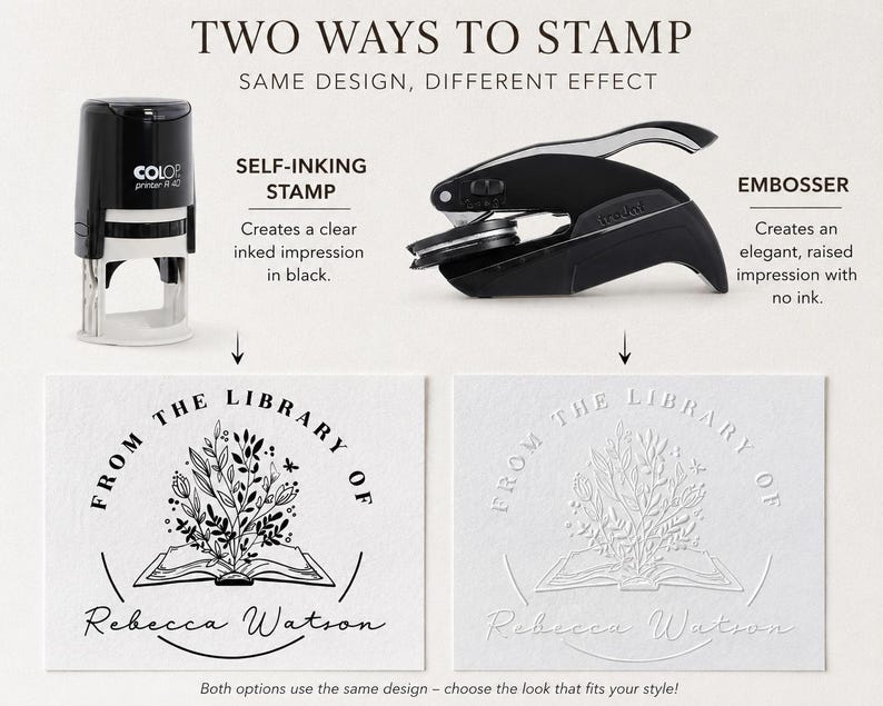 May include: A black self-inking stamp and a black embosser tool. The stamp creates a black ink impression of an open book with flowers and the text 'FROM THE LIBRARY OF Rebecca Watson'. The embosser creates a raised, inkless version of the same design.