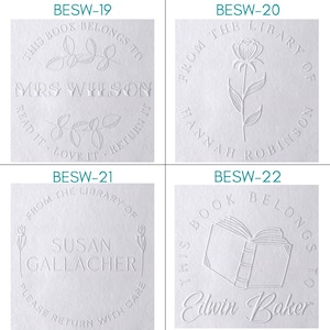 May include: Four white embossed bookplates with text. The top left bookplate reads "This book belongs to Mrs Wilson". The top right bookplate reads "From the library of Hannah Robinson". The bottom left bookplate reads "From the library of Susan Gallagher". The bottom right bookplate reads "This book belongs to Edwin Baker".