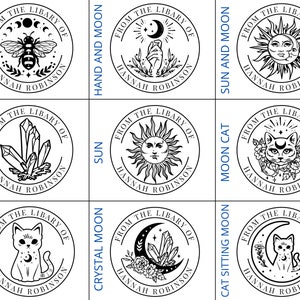 May include: Nine round black and white illustrations of various mystical symbols and animals. Each illustration is surrounded by a circle with the text "From the Library of Hannah Robinson" and a label indicating the theme of the illustration. The themes are: Bee and Moon, Hand and Moon, Sun and Moon, Crystal, Sun, Moon Cat, Black Cat, Crystal Moon, and Cat Sitting Moon.