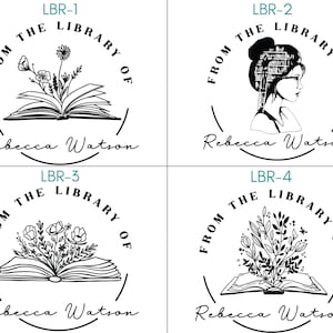 May include: Four black and white circular stamps with the text "From the Library of Rebecca Watson" and different illustrations. The first stamp features an open book with flowers. The second stamp features a woman with a bookshelf for a head. The third stamp features an open book with flowers. The fourth stamp features an open book with flowers.