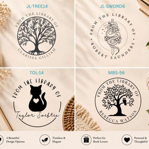May include: Four circular black ink stamps featuring custom text and illustrations. Designs include a tree labeled JL-TREE14 for Clarissa Gilliam, a sword and snake labeled JL-SWORD6 for Robert Saunders, a cat labeled TOL-14 for Taylor Swiftie, and a tree with an owl labeled MBS-56 for Rebecca Watson.