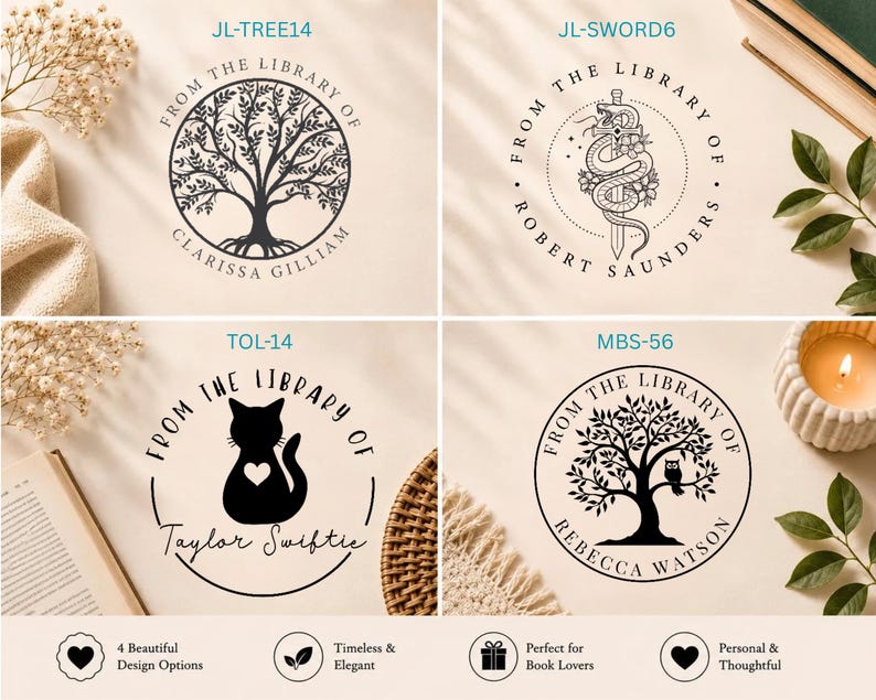 May include: Four circular black ink stamps featuring custom text and illustrations. Designs include a tree labeled JL-TREE14 for Clarissa Gilliam, a sword and snake labeled JL-SWORD6 for Robert Saunders, a cat labeled TOL-14 for Taylor Swiftie, and a tree with an owl labeled MBS-56 for Rebecca Watson.