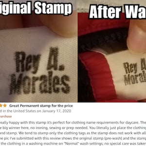 May include: A close-up of a white fabric tag with the text "Rey A. Morales" printed in black ink. The tag is shown before and after being washed. The text is still legible after washing.