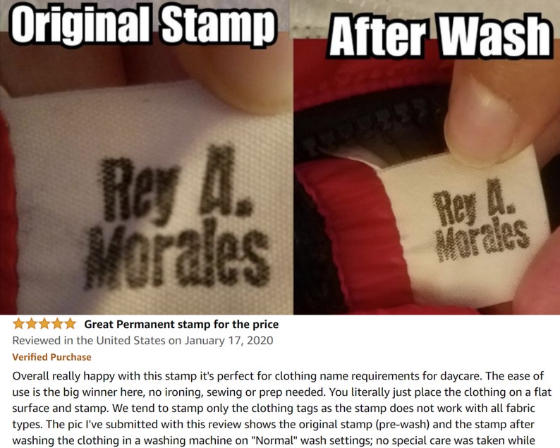 May include: A close-up of a white fabric tag with the text "Rey A. Morales" printed in black ink. The tag is shown before and after being washed. The text is still legible after washing.