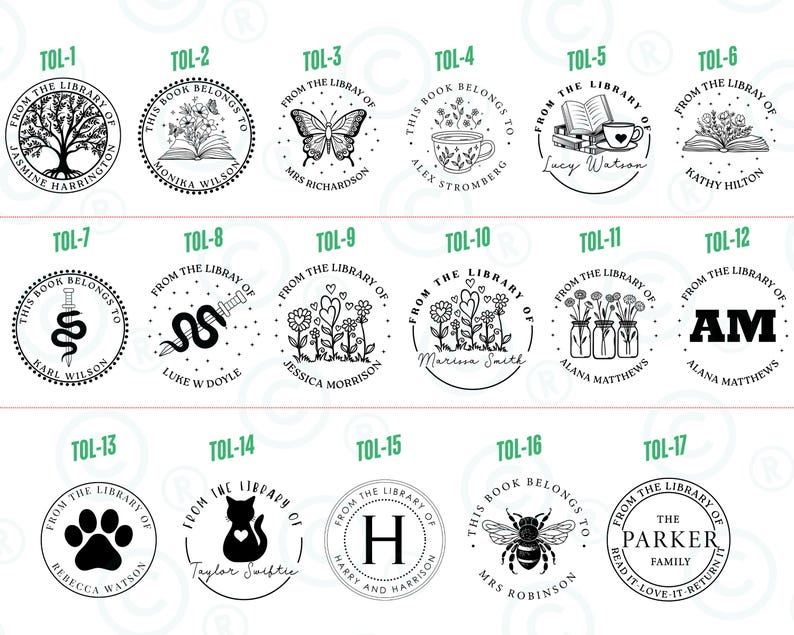 May include: A collection of seventeen round book stamps with various designs. The stamps include images of a tree, flowers, a butterfly, a teacup, books, a paw print, a cat, a bee, and initials. Each stamp has a name.
