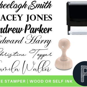 May include: A set of name stampers with different names, including Sheelagh Smith, Macey Jones, Andrew Parker, Edward Harry, Christine Topper, and Camila Walker. The stampers are available in wood or self-inking options. The image also includes a close-up of a wooden stamp and a black and white letter P.