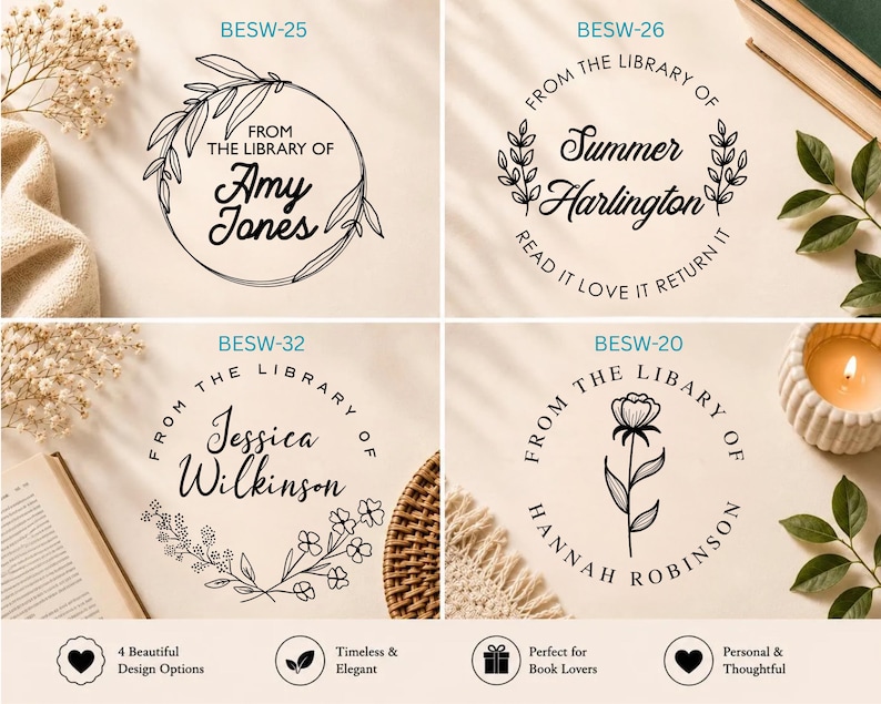 May include: Four circular black ink library stamp designs on a light background. BESW-25 features a leafy wreath with the text From The Library Of Amy Jones. BESW-26 shows a floral border with From The Library Of Summer Harlington Read It Love It Return It. BESW-32 displays From The Library Of Jessica Wilkinson with small flowers. BESW-20 includes a flower illustration with From The Library Of Hannah Robinson.