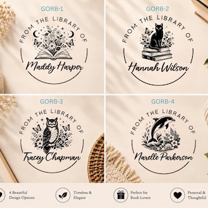 May include: Four circular black ink stamps labeled GORB-1 through GORB-4. Each features the text FROM THE LIBRARY OF and a name: Maddy Harper with an open book and flowers, Hannah Wilson with a cat on books, Tracey Chapman with an owl, and Narelle Parkerson with a dolphin and sea life.