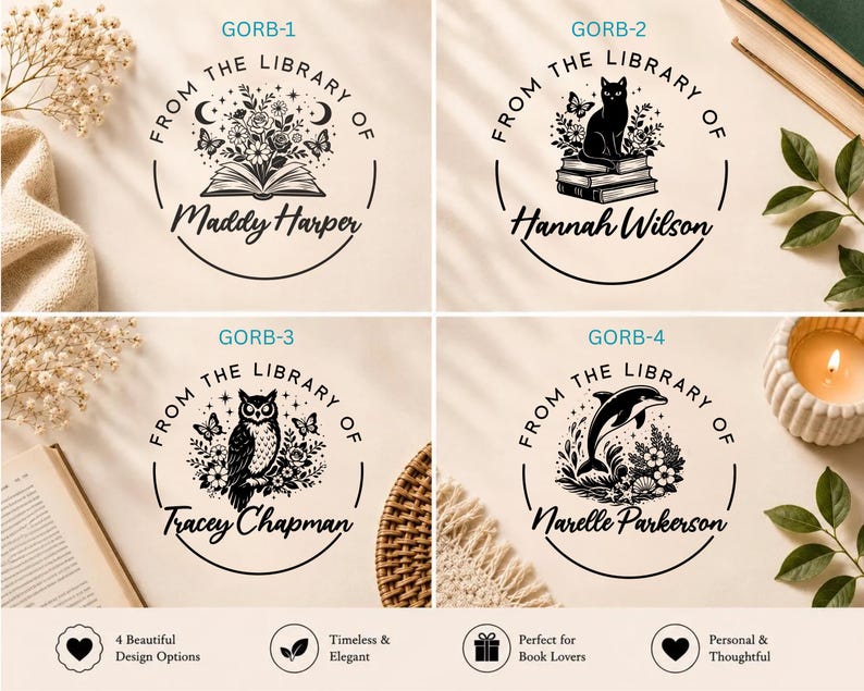 May include: Four circular black ink stamps labeled GORB-1 through GORB-4. Each features the text FROM THE LIBRARY OF and a name: Maddy Harper with an open book and flowers, Hannah Wilson with a cat on books, Tracey Chapman with an owl, and Narelle Parkerson with a dolphin and sea life.