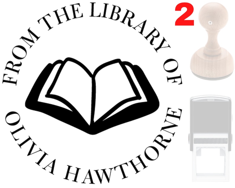 May include: A round, black and white self-inking stamp with the text "From the Library of Olivia Hawthorne" and a book icon in the center.