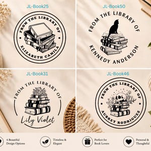 May include: Four circular black ink stamps featuring book-themed designs. Top left: JL-Book25 with a stack of books and text 'FROM THE LIBRARY OF ELIZABETH CAMILA'. Top right: JL-Book50 with a cat on books and 'FROM THE LIBRARY OF KENNEDY ANDERSON'. Bottom left: JL-Book31 with books and flowers and 'FROM THE LIBRARY OF LILY VIOLET'. Bottom right: JL-Book46 with a skull and flowers and 'FROM THE LIBRARY OF AUBREY RODRIGUEZ'.