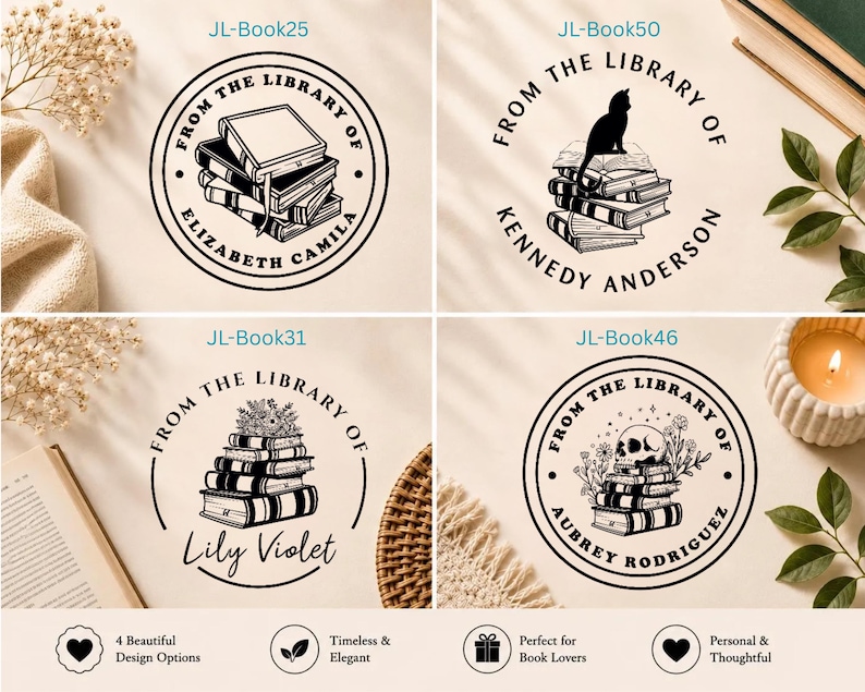 May include: Four circular black ink stamps featuring book-themed designs. Top left: JL-Book25 with a stack of books and text 'FROM THE LIBRARY OF ELIZABETH CAMILA'. Top right: JL-Book50 with a cat on books and 'FROM THE LIBRARY OF KENNEDY ANDERSON'. Bottom left: JL-Book31 with books and flowers and 'FROM THE LIBRARY OF LILY VIOLET'. Bottom right: JL-Book46 with a skull and flowers and 'FROM THE LIBRARY OF AUBREY RODRIGUEZ'.