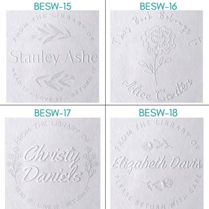 May include: Four white embossed bookplate designs. Each features a name, floral or botanical elements, and phrases like "From the Library of" and "Read it - Love it - Return it." The names include Stanley Ashe, Alice Carter, Christy Daniels, and Elizabeth Davis.