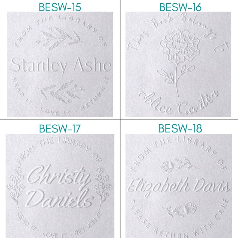 May include: Four white embossed bookplate designs. Each features a name, floral or botanical elements, and phrases like "From the Library of" and "Read it - Love it - Return it." The names include Stanley Ashe, Alice Carter, Christy Daniels, and Elizabeth Davis.